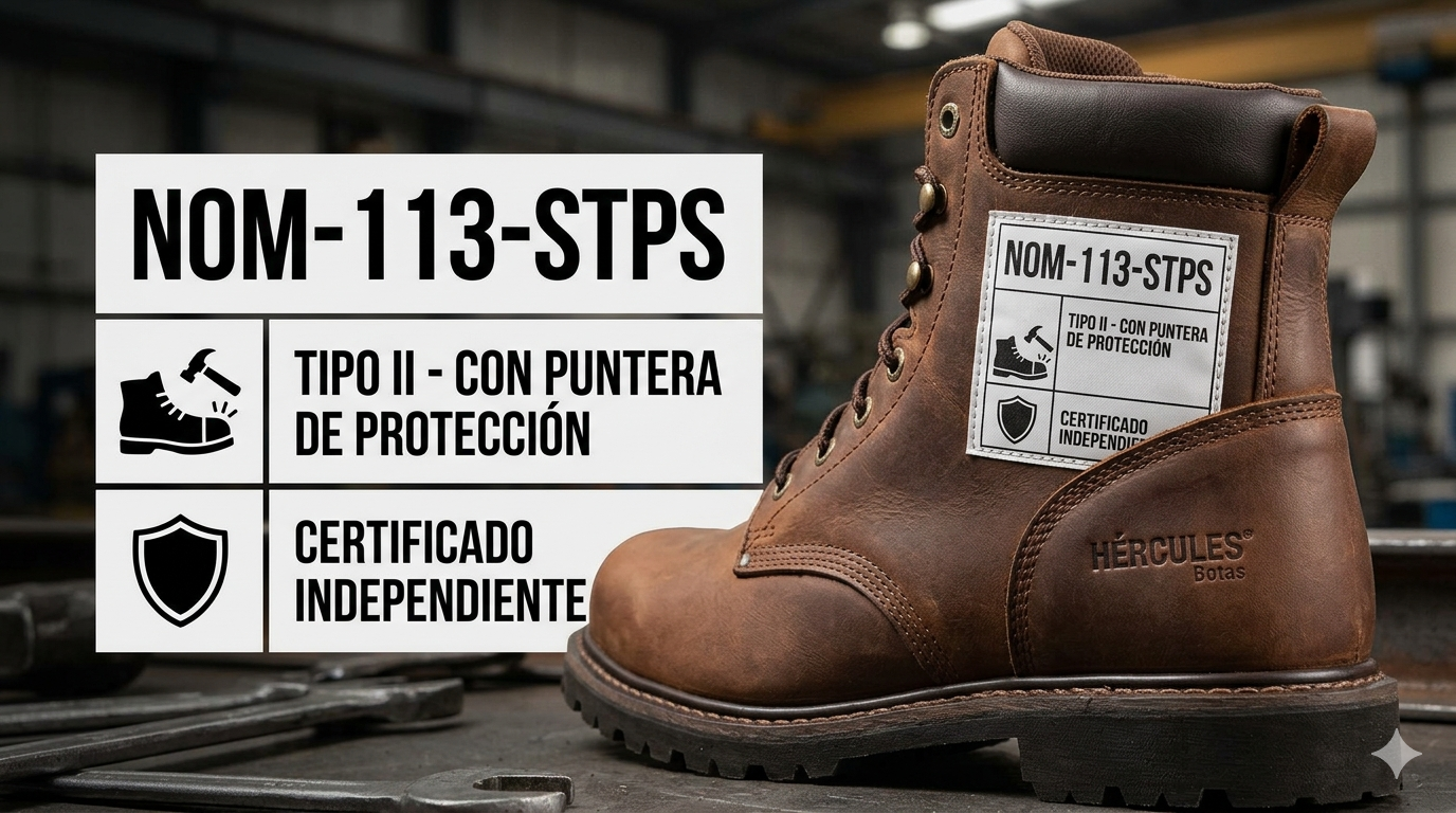 bota industrial con letrero de etiqueta de norma de seguridad